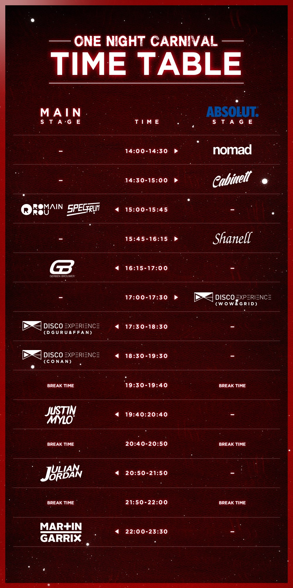 ONE NIGHT CARNIVAL TIME TABLE