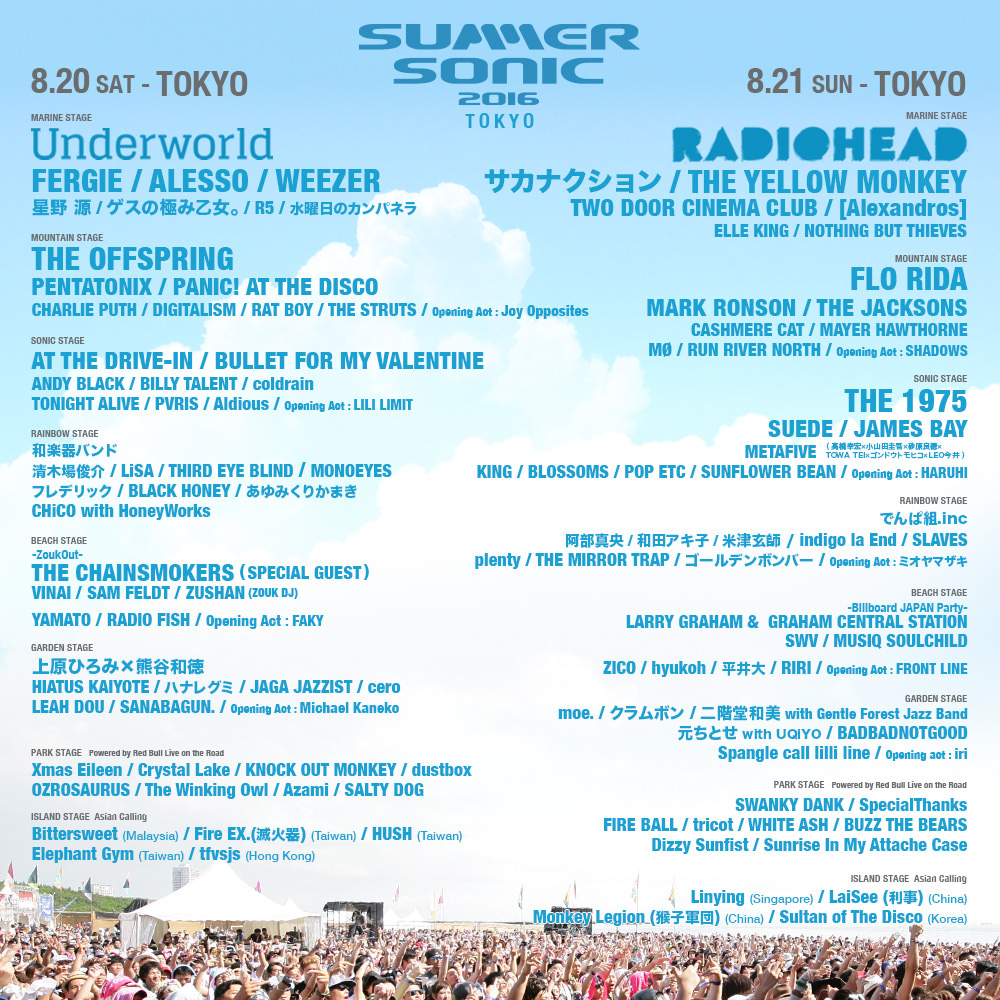SUMMER SONIC 2016 TOKYO LINEUP